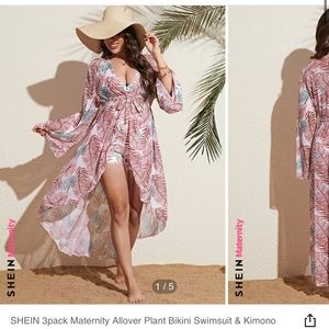 3 piece tropical bikini with boy shorts and kimono